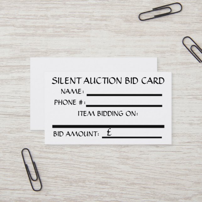 Silent Auction Bid Card (White) BRITISH POUND Visitenkarte (Vorderseite/Rückseite Beispiel)