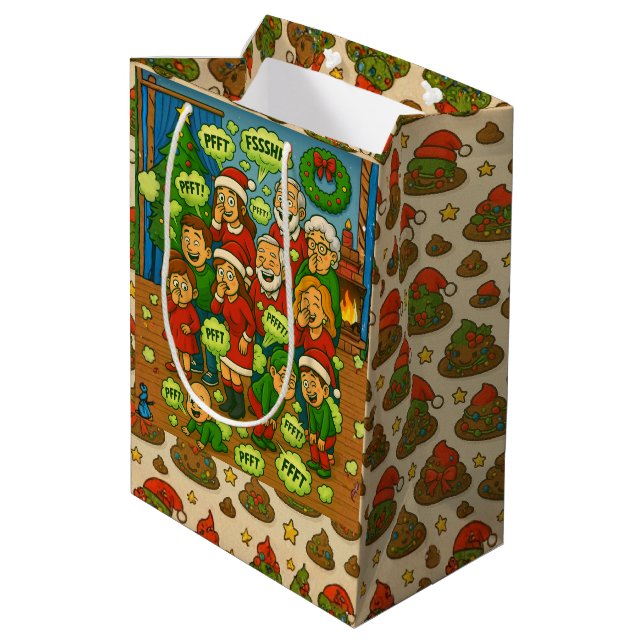 Silent But Deadly Night A Farting Christmas Family Mittlere Geschenktüte (Rückseite Schrägansicht)