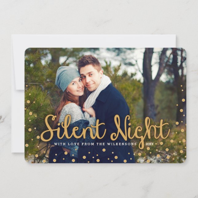 Silent Night Frohe Weihnachten Gold Tone Foto Card (Vorderseite)