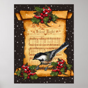 Silent Night Sheet Music, Chickadee, Schnee: Kunst Poster