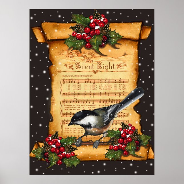 Silent Night Sheet Music, Chickadee, Schnee: Kunst Poster (Vorne)