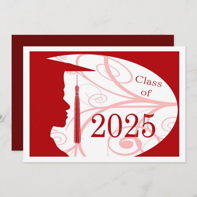 Silhouette 2025: White and Red Man Graduation Part Einladung (Vorne/Hinten)