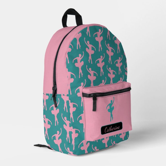 Silhouette Ballerina in rosa und Aquamarin Bedruckter Rucksack (Rückseitige Ecke links)