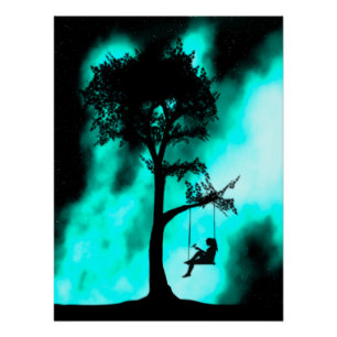 Silhouette Baum Swing Girl Galaxy Glossy Poster