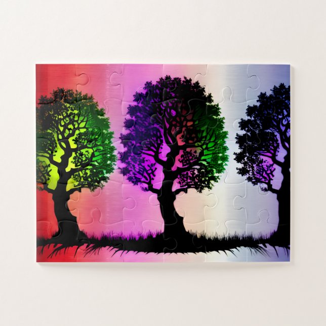 Silhouette Bäume mit farbenfroher Himmelshintergru Puzzle (Horizontal)