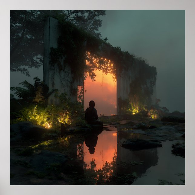 Silhouette Before Fiery Ruin Sunset Poster (Vorne)