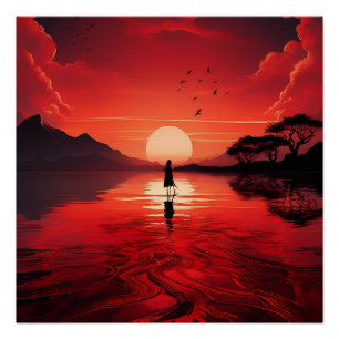 Silhouette bei Red Sunset - Serene Reflektion Poster