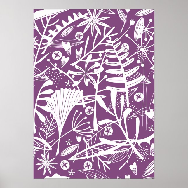 Silhouette Botanisch Lila und weiß Poster (Vorne)