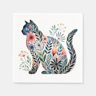 Silhouette Botanische Katzen - Blumenstrauß Serviette