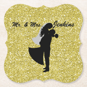 Silhouette Bridge & Groom Gold Imitate Glitzer Untersetzer
