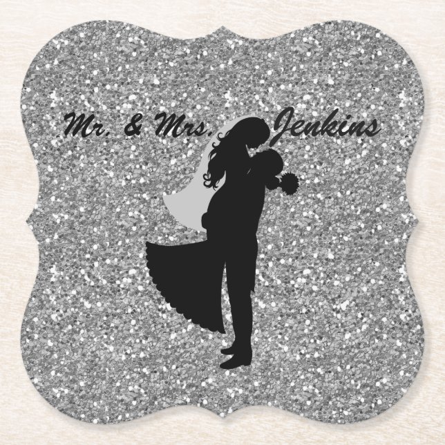 Silhouette Bridge & Groom Silver Imitats Glitzer Untersetzer (Vorderseite)