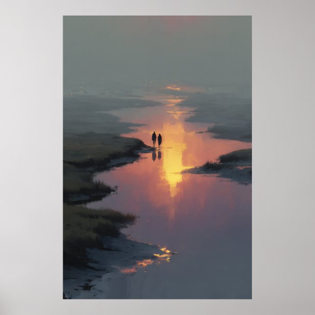 Silhouette Couple Sunset Stream Reflection Poster (Vorne)