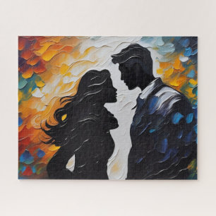 Silhouette Couple Über Kiss in lebhaften Farben Puzzle