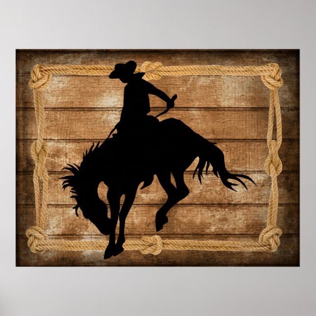 Silhouette Cowboy auf einem Broncopferd Poster (Vorne)