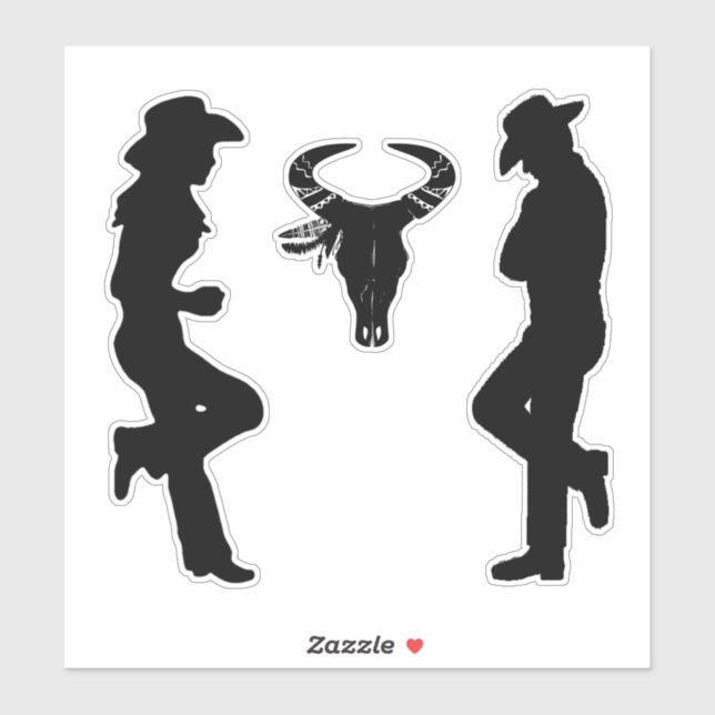 Silhouette Cowgirl Cowboy und Bull Skull Aufkleber (Blatt)
