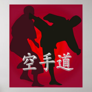 Silhouette der Karate-Kämpfer auf einem roten Hint Poster