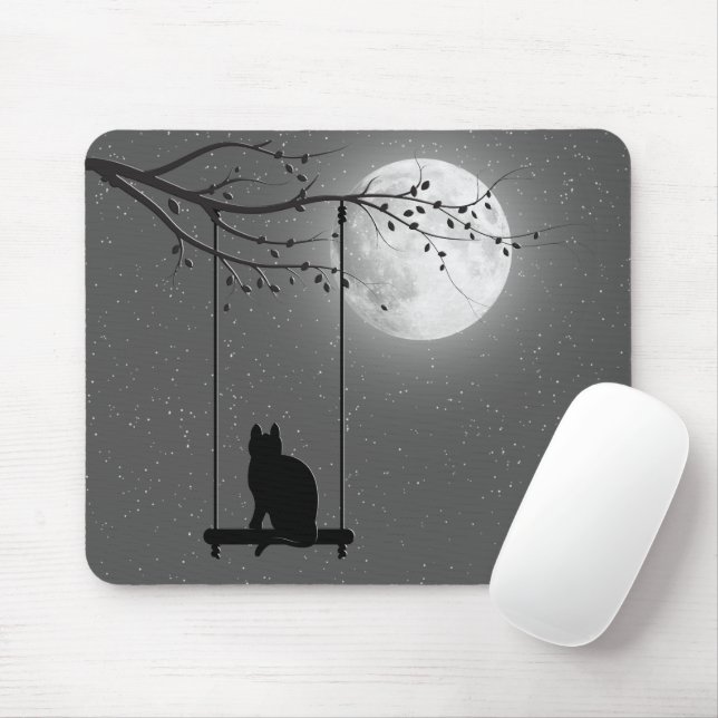 Silhouette der Katze auf einer Schaukel im Mondsch Mousepad (Mit Mouse)