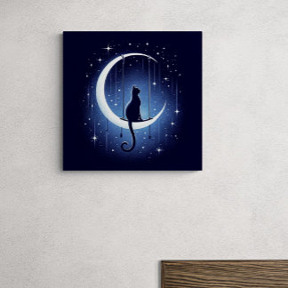 Silhouette der Katze, die vom Mond des Halbmondes  Leinwanddruck