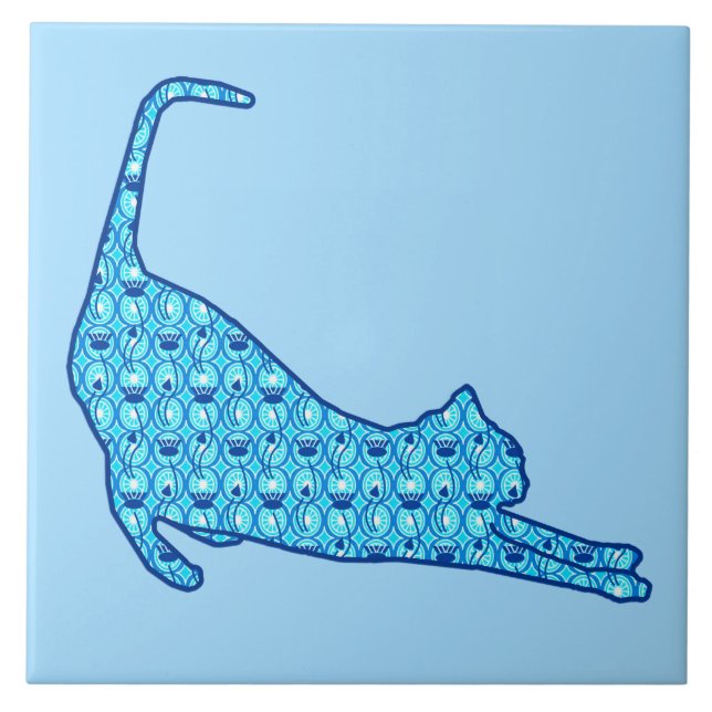Silhouette der Katze in einem blauen Lotus-Muster Fliese (Vorderseite)