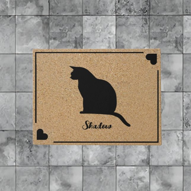 Silhouette der Katze mit Personalisiertem Monogram Fußmatte (Cat Silhouette With Personalized Monogram Name Doormat)