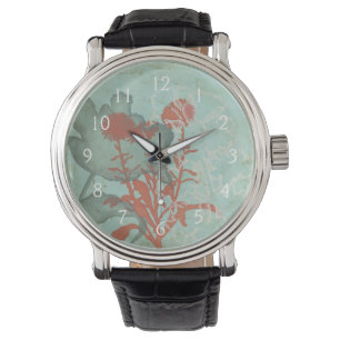 Silhouette der roten Blumen auf aquamarinem Armbanduhr