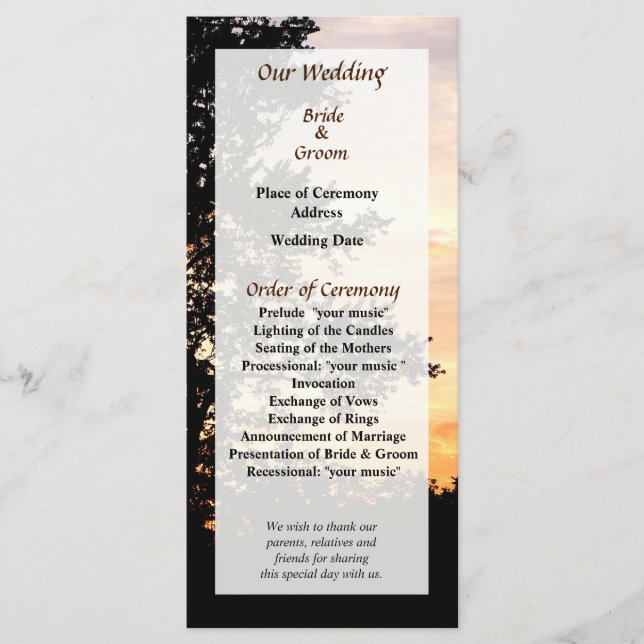 Silhouette des Hochzeitsprogramms für Bäume Programm (Vorderseite)