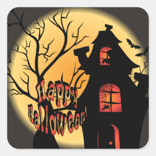 Silhouette des Spuk Hauses  glückliches Halloween Quadratischer Aufkleber