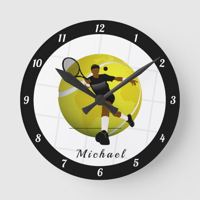 Silhouette des Tennis-Spielers - Aufführung Runde Wanduhr (Vorderseite)