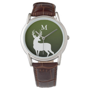 Silhouette des Weißen Hirsches Monogram Green Men Armbanduhr