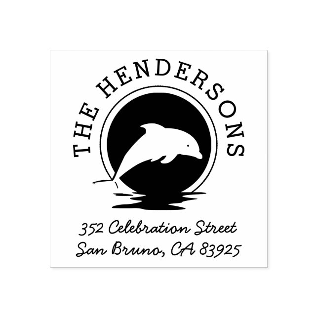 Silhouette Dolphin Runde Name & Rücksendeadresse Gummistempel (Prägung)