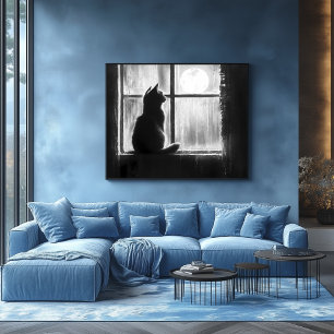 Silhouette einer Katze am Fenster im Mondlicht Poster