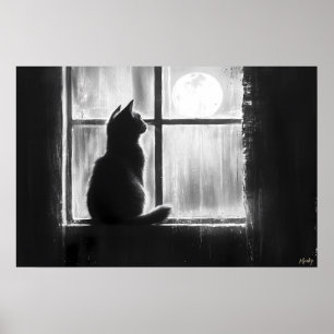 Silhouette einer Katze am Fenster im Mondlicht Poster