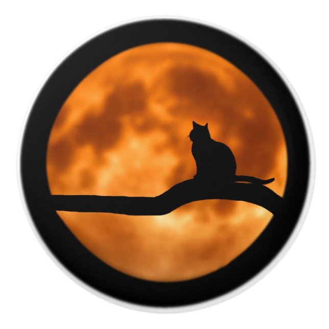 Silhouette einer schwarzen Katze in einem Baum Keramikknauf (Vorderseite)