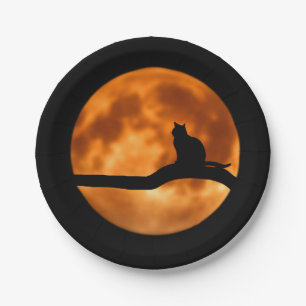 Silhouette einer schwarzen Katze in einem Baum Pappteller