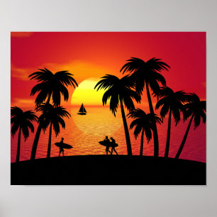 Silhouette einer tropischen Insel bei Sonnenunterg Poster