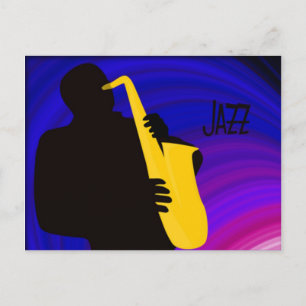 Silhouette eines Jazzspielers, blau & lila Postkarte