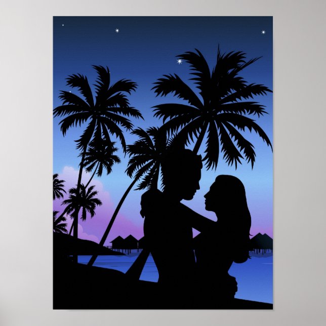 Silhouette eines Paares, das sich am Strand befind Poster (Vorne)