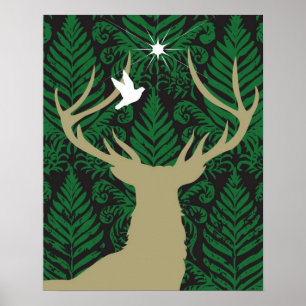 Silhouette eines Rotwilds, der Taube und des Poster