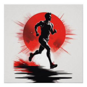 Silhouette eines Runners mit roter Sonne Poster