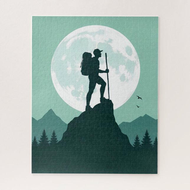 Silhouette eines Wanderers auf einem Gipfel mit Mo Puzzle (Vertikal)