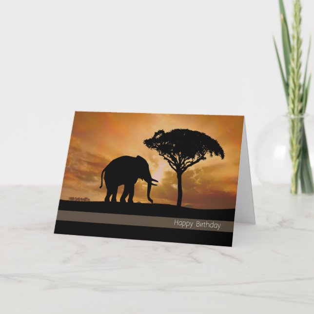 Silhouette Elefant mit Sonnenuntergang Geburtstags Karte (Vorderseite)