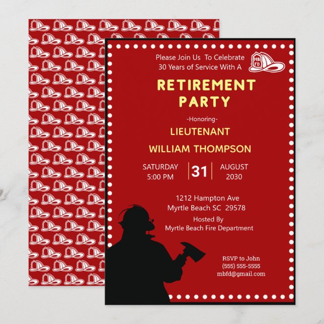 Silhouette Feuerwehrmann/Party für das Hauptruhest Einladung (Vorne/Hinten)