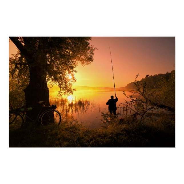 Silhouette Fisherman am See bei Sunset Poster (Vorderseite)
