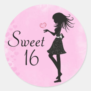 Silhouette Girl and Hearts Sweet 16 Pink - Black Runder Aufkleber