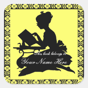 Silhouette Girl Reading - Square Lemon Gelb Quadratischer Aufkleber