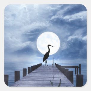 Silhouette Heron am Pier mit Vollmond Strand Quadratischer Aufkleber
