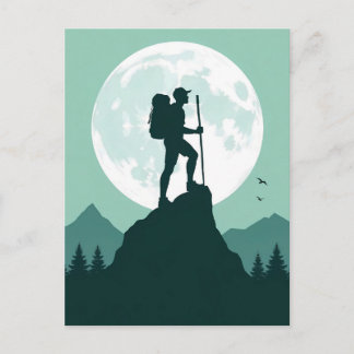 Silhouette Hiker on Peak with Moon and Mountains Postkarte