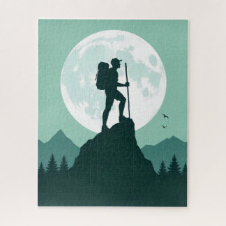 Silhouette Hiker on Peak with Moon and Mountains Puzzle