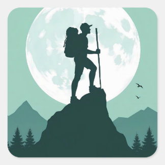 Silhouette Hiker on Peak with Moon and Mountains Quadratischer Aufkleber