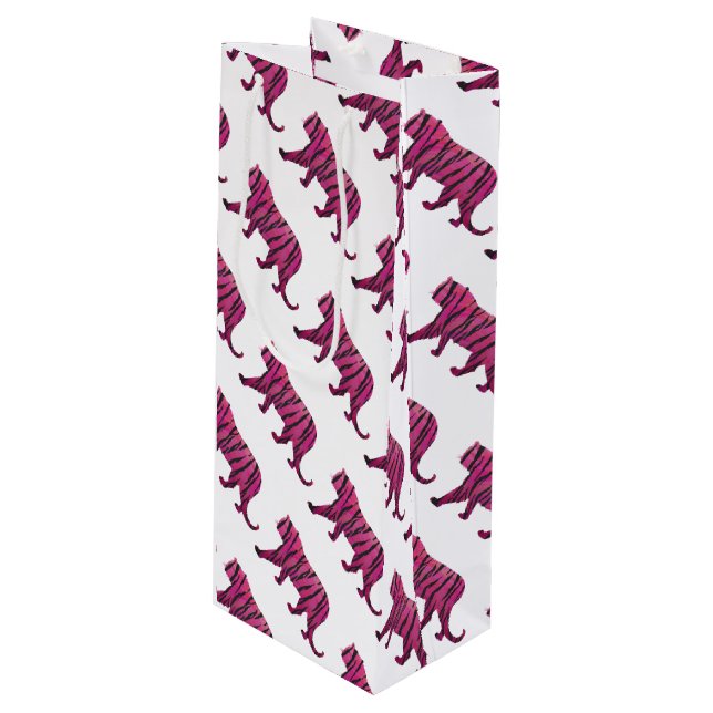 Silhouette Hot Pink und Black Tiger Geschenktüte Für Weinflaschen (Vorderseite Schrägansicht)